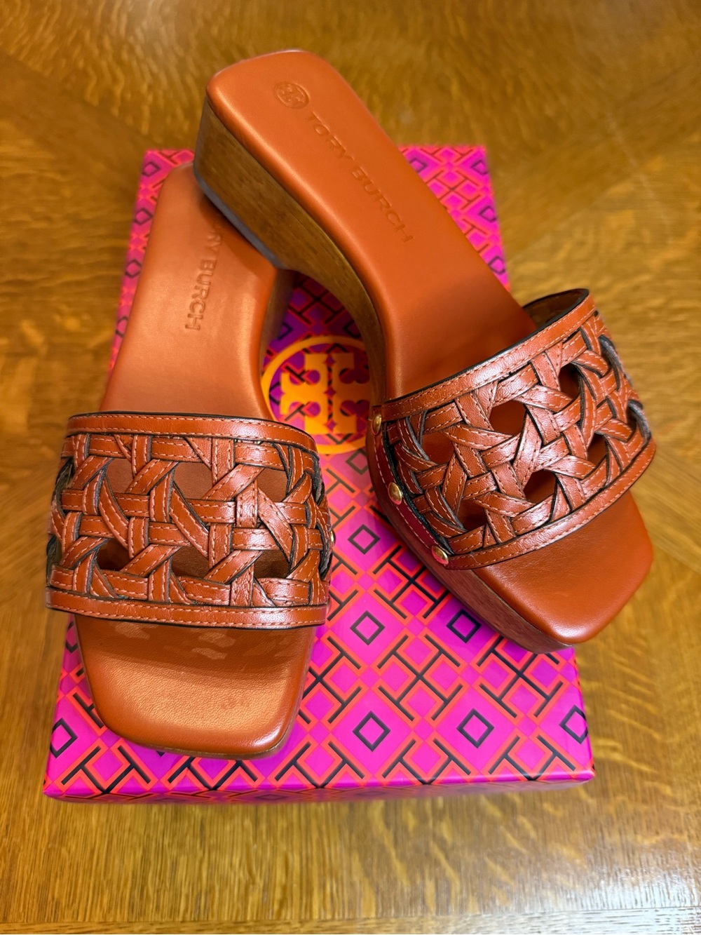Tory Burch Braided Leather Slide Mules - Cognac